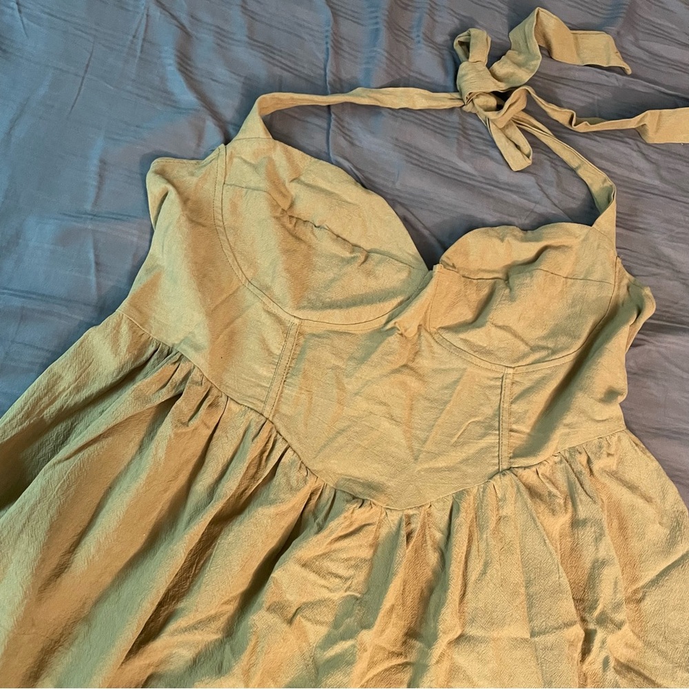 Sage Green Mini Dress Halter Tie Neck Zip Up 2XL